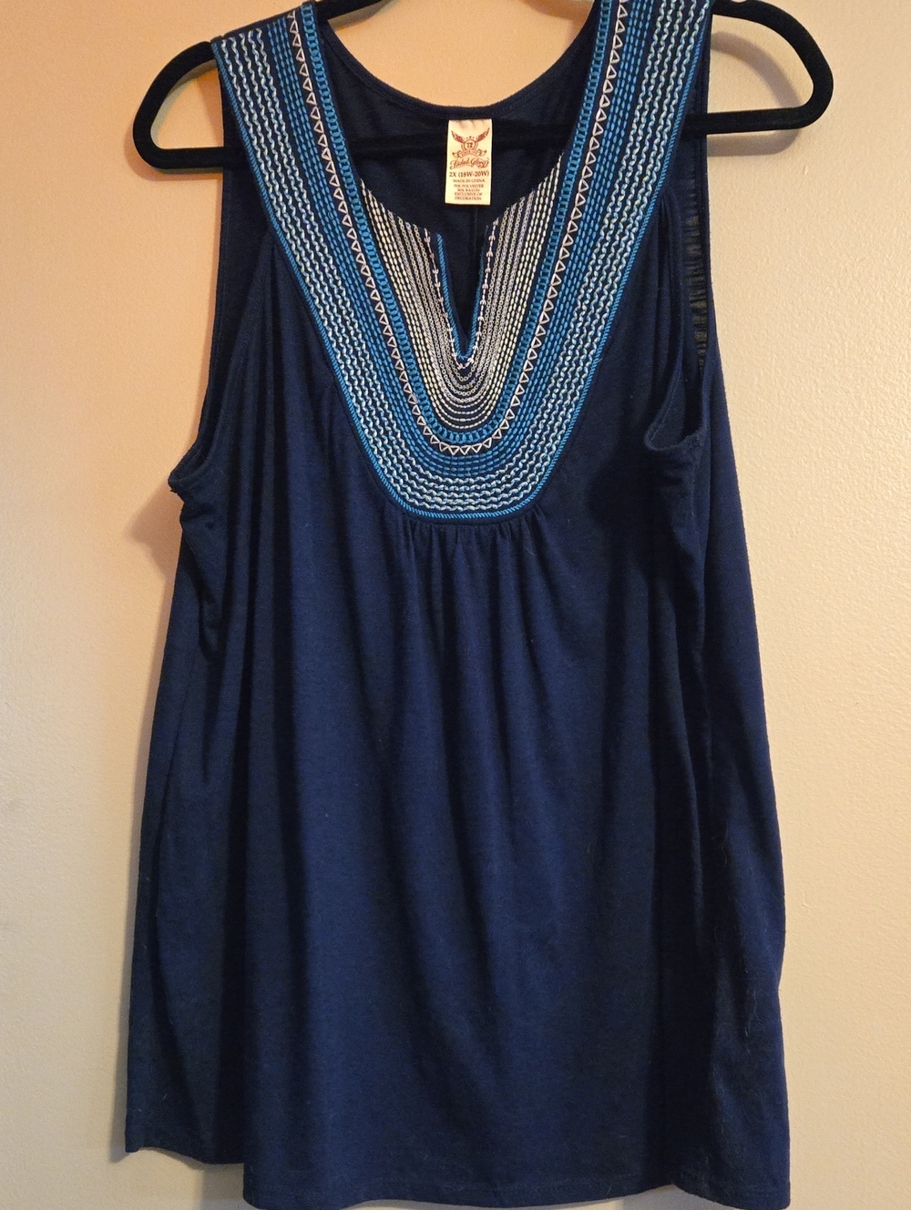 Faded Glory Navy Sleeveless Top with Blue Embroidered Yoke